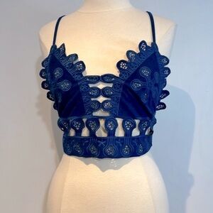 Gilbert blue Faux Suede Eyelet Cut Out Cross Back Bralette top size medium